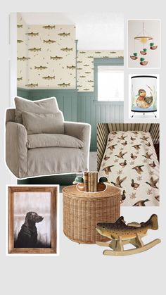 a collage of furniture and wallpapers including a rocking chair, bed, framed pictures