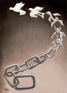 a drawing of two white birds flying over a chain