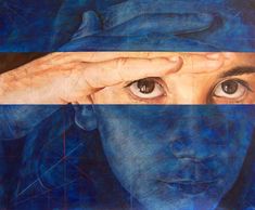 a painting of a woman's face and hands covering her eyes with blue paint