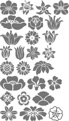 the silhouettes of flowers are shown in grey and white, with one large flower surrounded by smaller ones