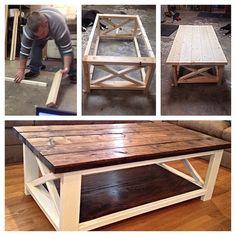 several pictures of coffee tables made from old pallets and wood planks, including one being used as an end table