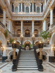 the interior of a large building with many stairs and columns, decorated in gold and white