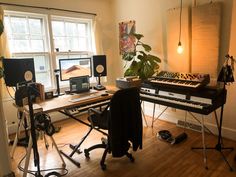 a home studio with musical equipment and plants