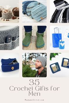 crochet gifts for men with the words, 35 crocheted gifts for men