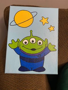 a painting of a green alien with stars on it's head and arms in the air