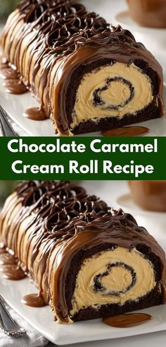 Need a show-stopping dessert for your next celebration? This Chocolate Caramel Cream Roll combines luscious chocolate and creamy caramel in a delightful roll, making it an impressive yet simple recipe that everyone will love. Sponge Cake Roll, Chocolate Sponge Cake, Elegant Desserts, Chocolate Sponge