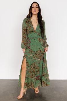 Looking for a floral maxi? Look no further! Our Bowman Deep V Maxi Dress in Green Multi features a deep V-neckline, lovely multi-colored floral print, and adorable tiered skirt! Deep V Maxi Dress, Baltic Born, Winter Fashion Outfits Casual, Fall Wedding Guest Dress, Tiered Maxi Skirt, Floral Print Chiffon, Wedding Attire Guest, Chiffon Material, Flowing Skirt