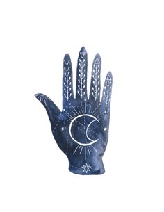 a hand that has the moon and stars on it, painted in blue with white paint