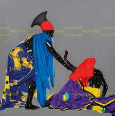 an artistic image of two people dressed in colorful clothing, one holding the other's leg