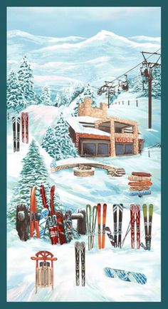 a painting of skis and snowboards in the snow