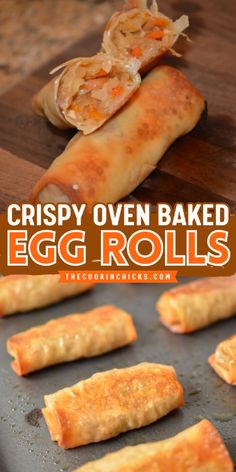 crispy oven baked egg rolls on a baking sheet with carrots in the background