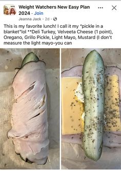 two pictures with different types of food on them, one has a cucumber and the other has cheese