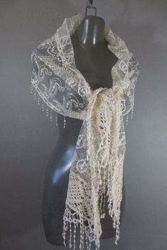 Sheer Cream Lace and Embroidery Shawl, Ivory Color Wrap, Cotton Crochet and Fringe on End and Edges, Paisley Design, Good Condition. Measurements: 80" long on longest side...not including fringe 13" wide Lace Shawl Outfit, Mysterious Clothes, Outfit With Shawl, Conformation Ideas, Fancy Shawl, Shawl Vintage, Sheer Shawl, Embroidery Shawl, Shawl Outfit