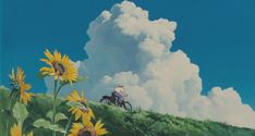 a painting of a man riding a horse down a hill with sunflowers in the foreground