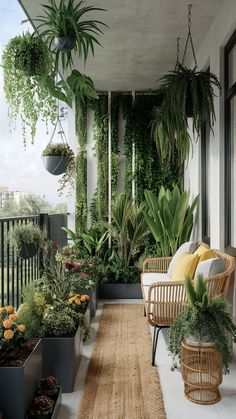 a balcony with plants and wicker furniture