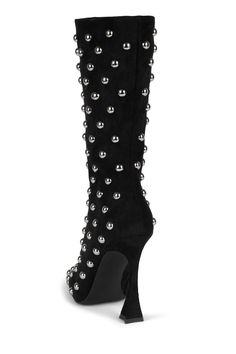 Mid-calf sculpted heel pointed-toe boot with metal pearl stud detail Fits true to size Measurements taken from size 7 4" Heel 10.5" Shaft, 11" Leg Opening Fabric Upper, Leather / Fabric Lining, Synthetic Sole Zipper closure Pointed Toe Boots, Pearl Studs, Leather Fabric, Mid Calf, Black Suede, Size 7, Zipper, Heels, Boots