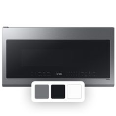 a stainless steel microwave oven with three different color options on the front and side panel