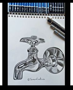 a drawing of a faucet with water running from it's spout