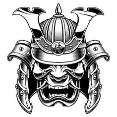 an illustration of a japanese warrior mask in black and white