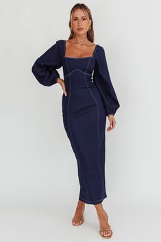 Bay Side Long Sleeve Denim Midi Dress Indigo by Selfie Leslie Yellow Bridesmaid Dresses, Yellow Bridesmaids, Brunch Date, Denim Midi Dress, Veil Hairstyles, Iron Material, Date Night Dresses, Mini Dress Casual, Dropwaist Dress