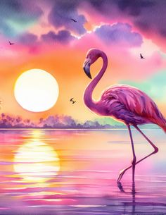 a painting of a pink flamingo walking in the water at sunset with birds flying around