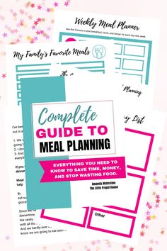 the complete guide to meal planning is shown in pink and blue with stars around it