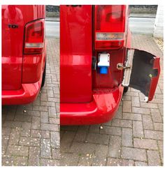 the rear end of a red car with its door open and an electronic device attached to it