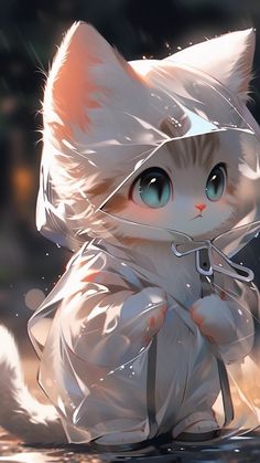 a white cat with blue eyes is standing in the water and wearing a raincoat