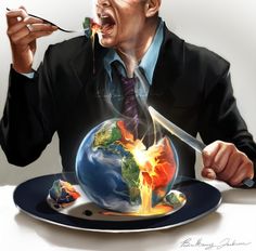 a man is holding a knife and fork over a plate with a burning earth on it