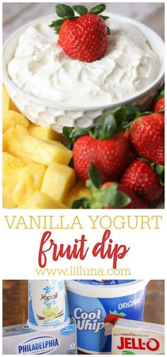 vanilla yogurt fruit dip with strawberries and pineapples