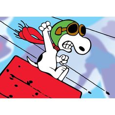 a cartoon dog wearing goggles riding on top of a red object in the air