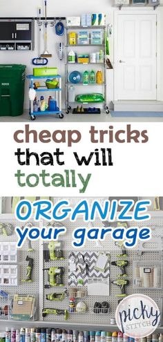 organized garage storage area with pegs and shelves