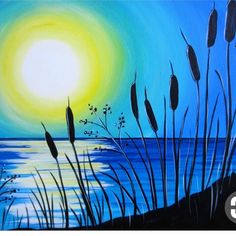 an acrylic painting of the sun setting over water with reeds in foreground