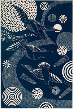 an abstract painting with circles and fish in the water on a dark blue background,