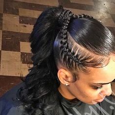 Braids Into Weave Ponytail, Ponytail With Cornrows On The Side, Two Braids With Ponytail, Braids In Front Ponytail In Back, Slick Ponytail With Braid, Ombre Ponytail Black Women, Ponytail With Braids On Side, Sleek Ponytail With Braid, Ponytail With Braids In Front Black Hair