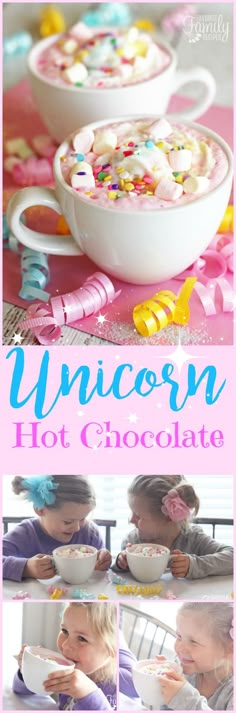 This unicorn hot chocolate recipe is all your childhood dreams in hot chocolate form. It is so fun, you can't help but smile when drinking it! Perfect for PARTIES! Tea Party Ideas For Kids, Unicorn Hot Chocolate Recipe, Unicorn Hot Chocolate, Unicorn Food, Tea Party Ideas, Hot Chocolate Recipe, Childhood Dreams, Kid Drinks, Unicorn Foods