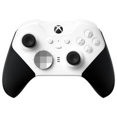 a white and black controller with buttons on it's side, facing the camera