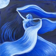 a painting of a woman with long blue hair holding a white umbrella in front of a full moon