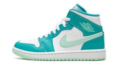 The Women’s Air Jordan 1 Mid “Washed Teal” is a fun and vibrant take on the iconic basketball sneaker.  This shoe features an all-leather makeup, starting off with a white underlay and two tones of green, Washed Teal and Mint Foam, across the upper.  Rounding out this sneaker is a white-on-white tongue and lace combo, and a white midsole paired with a Mint Foam rubber outsole. Teal Jordans, Womens Air Jordan 1, Womens Air Jordan, Zapatos Air Jordan, Teal Shoes, Preppy Shoes, Womens Basketball Shoes, All Nike Shoes, Womens Air Jordans