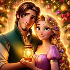 the princess and prince are holding a lantern in front of christmas tree with lights on it