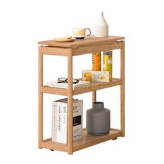 a wooden shelf with books and drinks on it, against a white background that is also used as a side table