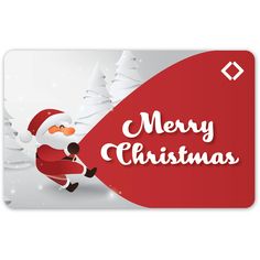 a merry christmas card with a santa clause holding a red banner in front of snow covered trees