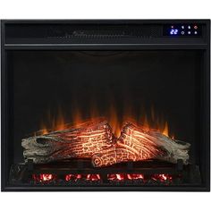 an electric fireplace with flames and logs