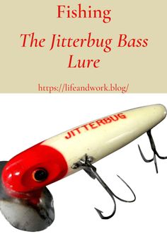 the jitterbug bass lure is shown in red and white with text overlay