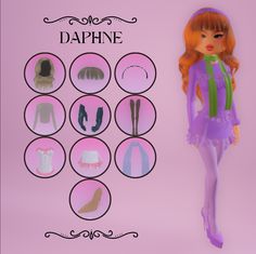 an image of a doll with clothes and accessories on it's back side, next to a poster that says dappne