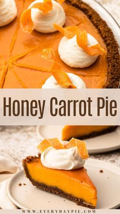 a slice of honey carrot pie with whipped cream on top