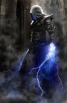 a man dressed in armor holding a glowing lightening ball with lightning coming from behind him