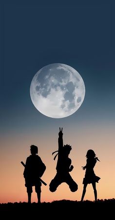 three people are silhouetted against the night sky with a full moon in the background