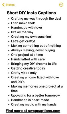 an image of a list with the words short diy insta captions