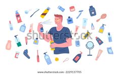 a man is surrounded by different types of personal care products and hygiene products, including toothbrushes, soaps, shampoos, lotion bottles and more